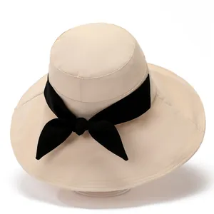 Women's Wide Brim Sun Hat With Elegant Bowknot Decoration Breathable Foldable Polyester Fisherman Cap For Beach Travel