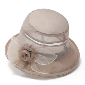 Elegant Women Organza Sun Hat 3D Floral Decoration Mesh Breathable Wide Brim Foldable Summer Beach Party Bucket Hat