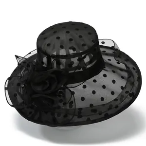 Women Elegant Organza Wide Brim Sun Hat Polka Dot Fascinator Church Wedding Party Hat Foldable Floral Breathable Sun Hat