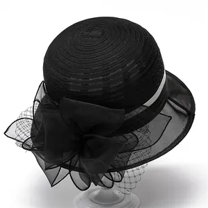 Elegant black organza sun hat for women featuring mesh bow and silver band accents