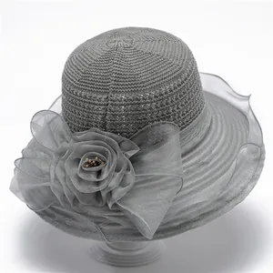 Women's grey organza sun hat with crochet crown and decorative floral detail