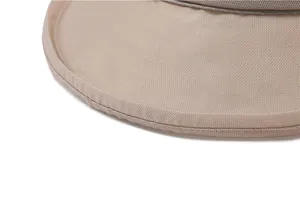 Close-up of khaki breathable mesh fabric and neat stitching on sun hat brim
