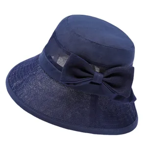 Deep blue breathable mesh sun hat for elderly women featuring a stylish side bow detail