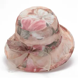 Women's pink floral sun hat with a large bow, breathable wide brim summer bucket hat
