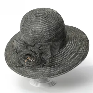 Elegant dark grey wide brim sun hat with large floral decoration and pearl accents