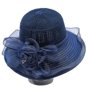 Navy blue organza sun hat with large floral decoration for UV protection and formal events