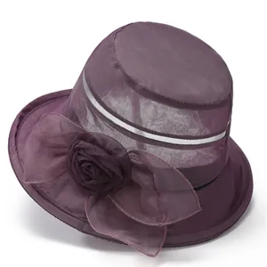 Elegant purple organza sun hat for women featuring a large floral bow and breathable mesh