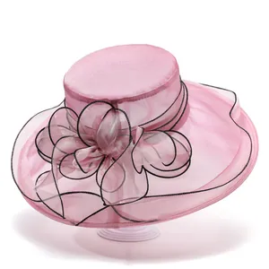 Elegant pink organza sun hat with wide brim and large floral decoration for women