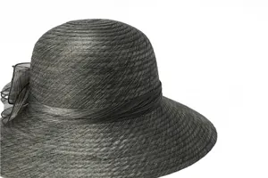 Detailed texture of black organza wide brim sun hat with mesh weave and bow detail