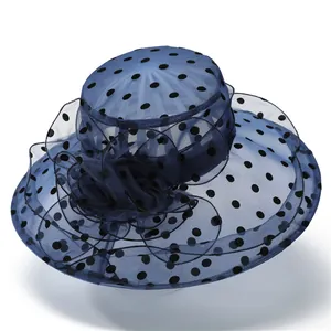 Navy blue polka dot organza sun hat with large floral decor and wide brim for women