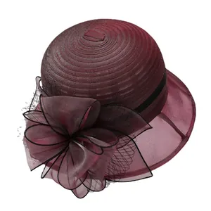 Elegant wine red organza sun hat for women featuring a large bow and classic retro style
