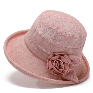 Women's pink sun hat for seniors with lace embroidery and floral decorative accent