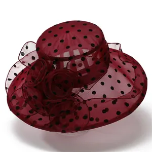 Elegant burgundy organza sun hat for women with black polka dots and mesh flower detail