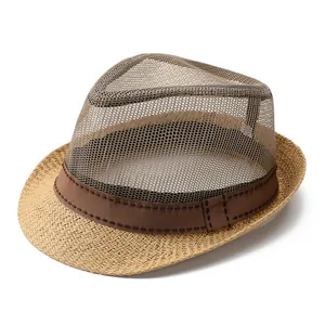 Men's breathable summer fedora hat with mesh crown and straw brim for sun protection