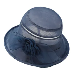 Elegant navy blue organza sun hat for women with floral ribbon decoration and mesh texture