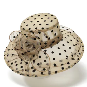 Elegant organza sun hat with black polka dots and oversized decorative mesh flower