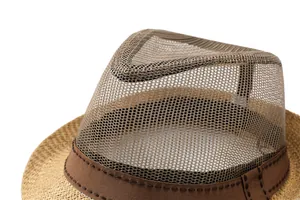 Detailed close-up of breathable mesh crown and woven texture on a brown fedora hat