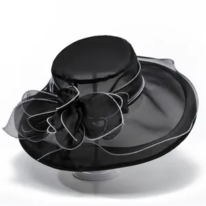 Women Elegant Organza Sun Hat Wide Brim Floral Bow Wedding Church Party Dress Hat Breathable UV Protection Summer Hat