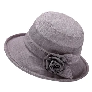 Elegant mauve sun hat for elderly women with lace floral texture and rose detail