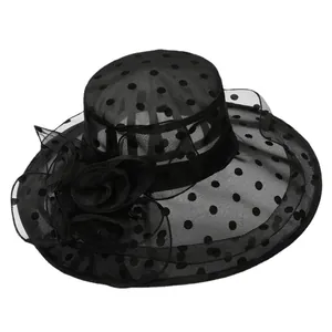 Elegant black organza sun hat with wide brim, polka dots and large floral detail