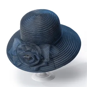 Foldable navy blue wide brim sun hat with organza floral detail for summer protection