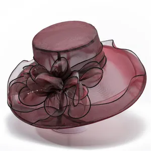 Elegant burgundy organza sun hat with large brim and floral detail for women