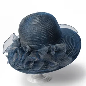 Chapeau de soleil élégant bleu marine en organza pour femme avec décoration florale