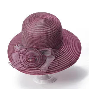 Elegant deep purple foldable sun hat for women with large organza floral decoration