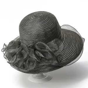 Chapeau de soleil élégant en organza noir pour femme avec grande fleur et large bord