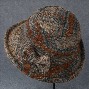 Cappello a Secchiello in Lana Scozzese Vintage da Donna Invernale Caldo Cappello Cloche Con Fiocco per Donne Anziane Fedora Elegante