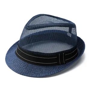 Breathable dark blue mesh sun hat for men with straw brim and decorative ribbon