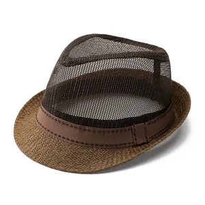 Men's dark brown mesh fedora hat with breathable straw-like texture for summer sun protection