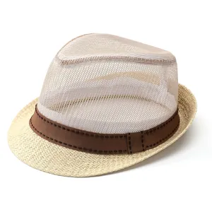 Men's breathable mesh fedora summer hat with straw brim and brown decorative band
