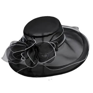 Elegant black organza sun hat for women with large bow and white trim decoration