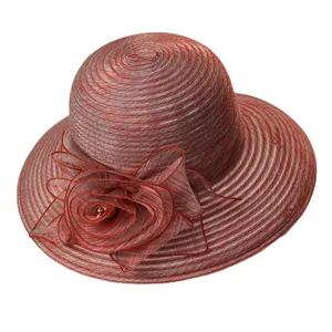 Deep red organza sun hat with large floral decoration for formal summer events