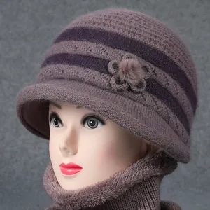 Conjunto de Sombrero de Cubo y Bufanda de Punto de Pelo de Conejo para Mujer Forro de Felpa Cálido Gorro de Invierno para Abuela