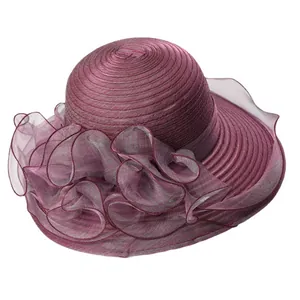 Chapeau de soleil élégant en organza violet pour femme avec froufrous floraux