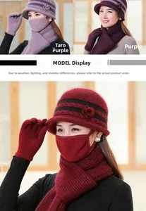 Winter knitted set with flower-adorned hat, earflap mask, long scarf and gloves