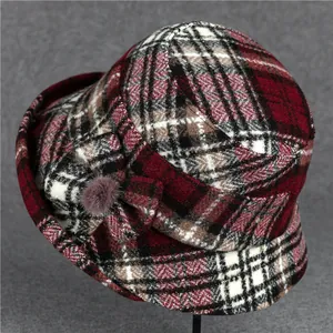 Women Autumn Winter Warm Woolen Plaid Cloche Hat Elegant Bowknot Fur Ball British Retro Fisherman Basin Hat For Elderly
