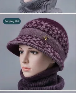Close-up of purple rabbit fur knit bucket hat with golden bee accent and neck warmer