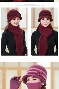 Winter set with knitted hat, scarf, and gloves in burgundy with floral accents