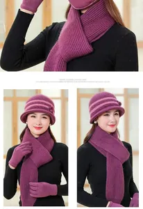 Detailed view of women's purple knitted hat, scarf, and gloves set with floral decor