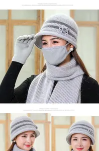 Close-up of gray winter knit set featuring floral detail on hat with scarf and mask