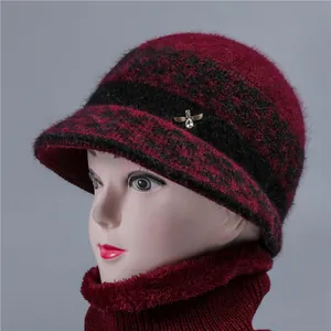 Women's winter rabbit fur knit hat and fleece neck gaiter set with bee brooch
