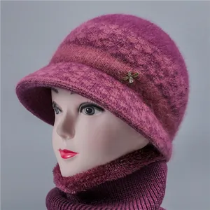 Elderly women's warm rabbit fur blend knit hat and scarf set with plush lining
