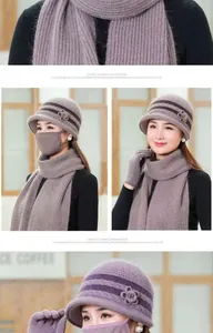 Winter set with knit floral bucket hat, matching scarf, gloves, and mask in mauve
