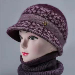 Purple rabbit fur blend knit hat and neck warmer set with golden bee detail for women