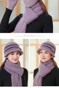 Detail of purple knitted winter set with striped beanie, matching scarf and gloves