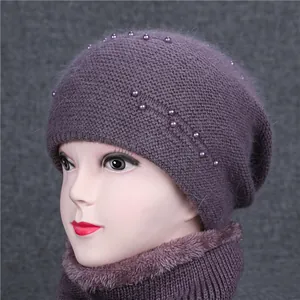 Damen Senioren Strickmütze Und Halswärmer Winter Warm Kaninchenhaarmischung Perlenverzierung Senioren Geschenk Weinrot Rosa