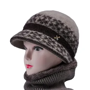 Winter knit hat and neck warmer set with faux fur lining for elderly women